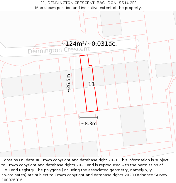 11, DENNINGTON CRESCENT, BASILDON, SS14 2FF: Plot and title map