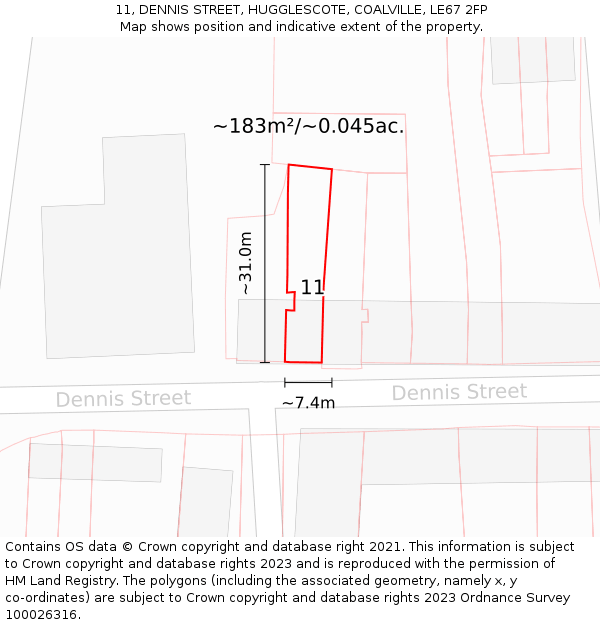 11, DENNIS STREET, HUGGLESCOTE, COALVILLE, LE67 2FP: Plot and title map