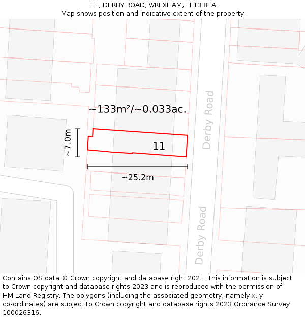 11, DERBY ROAD, WREXHAM, LL13 8EA: Plot and title map