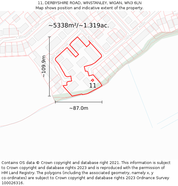 11, DERBYSHIRE ROAD, WINSTANLEY, WIGAN, WN3 6LN: Plot and title map