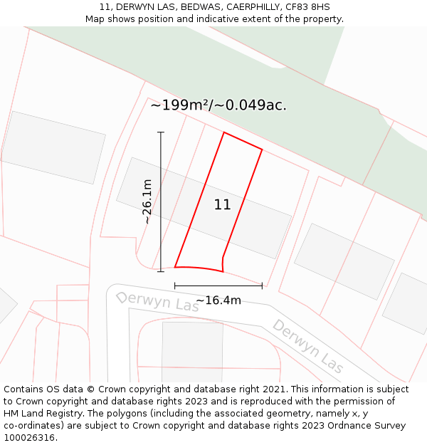 11, DERWYN LAS, BEDWAS, CAERPHILLY, CF83 8HS: Plot and title map