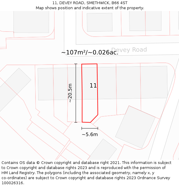 11, DEVEY ROAD, SMETHWICK, B66 4ST: Plot and title map