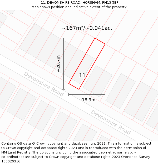 11, DEVONSHIRE ROAD, HORSHAM, RH13 5EF: Plot and title map
