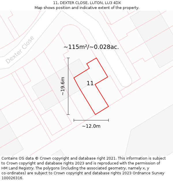 11, DEXTER CLOSE, LUTON, LU3 4DX: Plot and title map