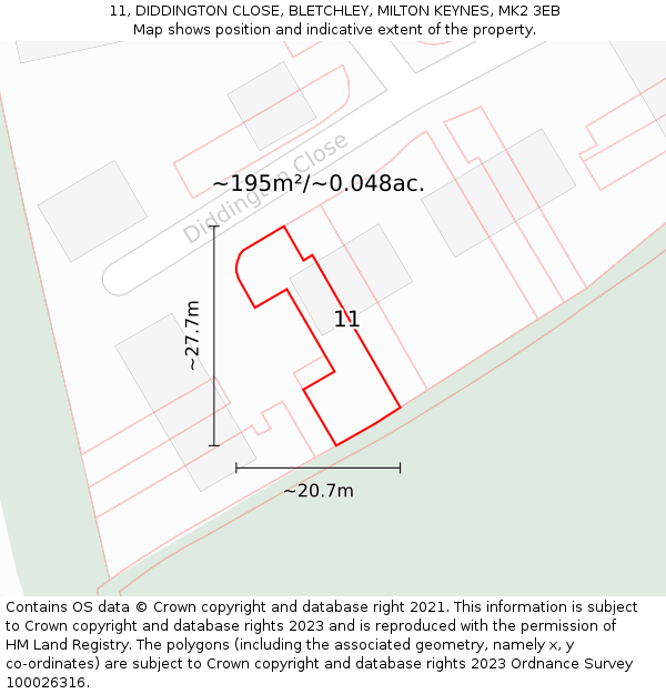 11, DIDDINGTON CLOSE, BLETCHLEY, MILTON KEYNES, MK2 3EB: Plot and title map