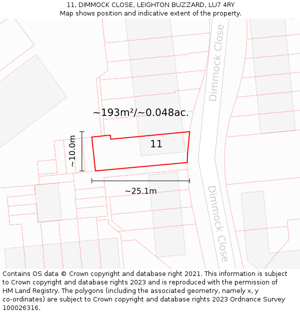 11, DIMMOCK CLOSE, LEIGHTON BUZZARD, LU7 4RY: Plot and title map