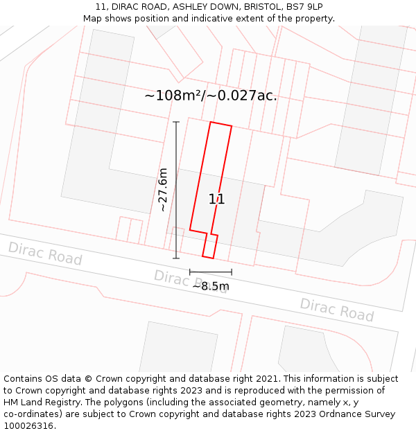 11, DIRAC ROAD, ASHLEY DOWN, BRISTOL, BS7 9LP: Plot and title map