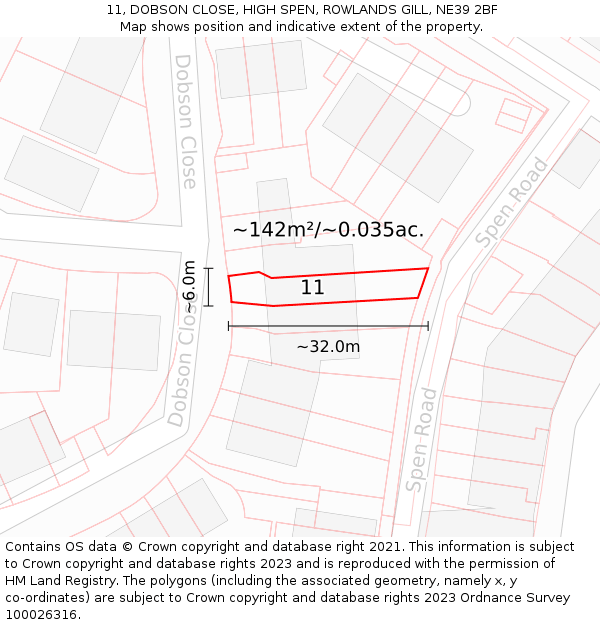 11, DOBSON CLOSE, HIGH SPEN, ROWLANDS GILL, NE39 2BF: Plot and title map