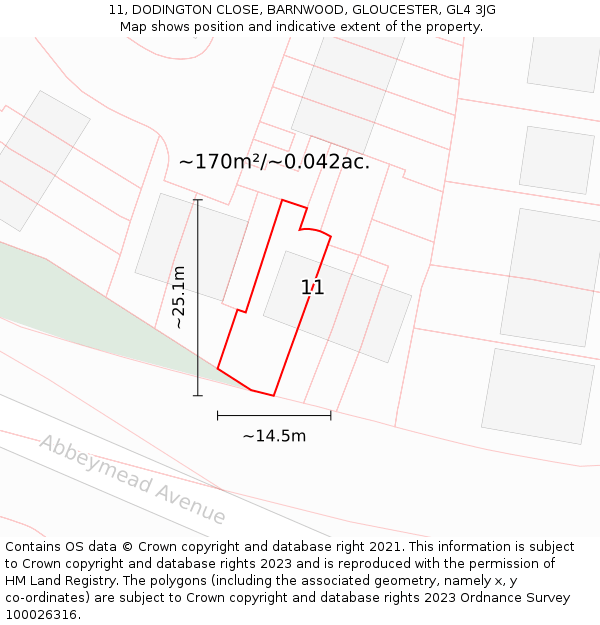 11, DODINGTON CLOSE, BARNWOOD, GLOUCESTER, GL4 3JG: Plot and title map