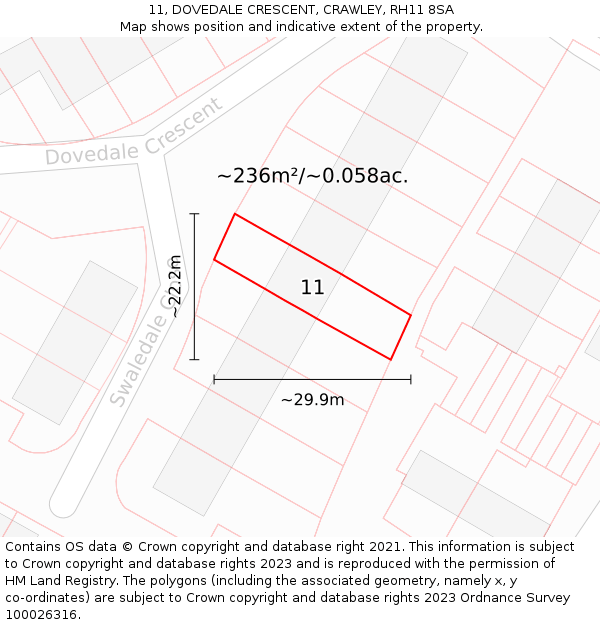 11, DOVEDALE CRESCENT, CRAWLEY, RH11 8SA: Plot and title map