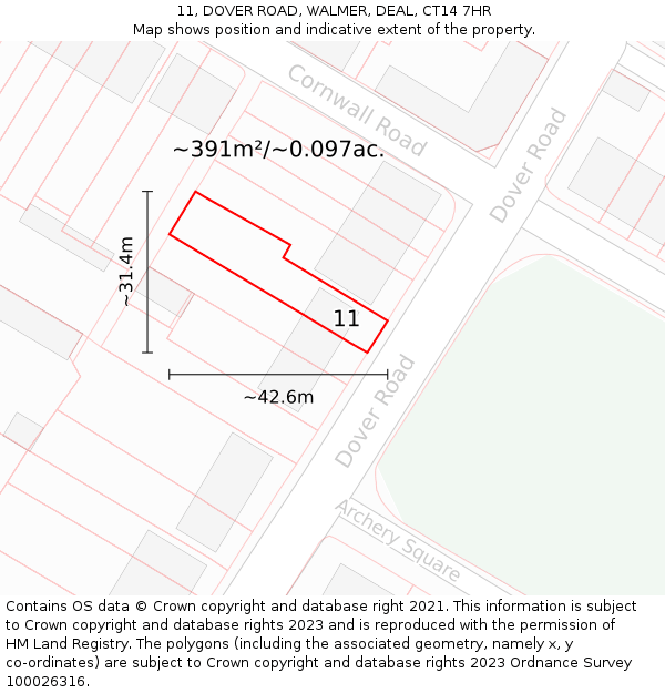 11, DOVER ROAD, WALMER, DEAL, CT14 7HR: Plot and title map