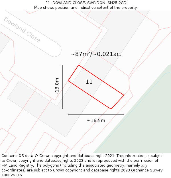 11, DOWLAND CLOSE, SWINDON, SN25 2GD: Plot and title map