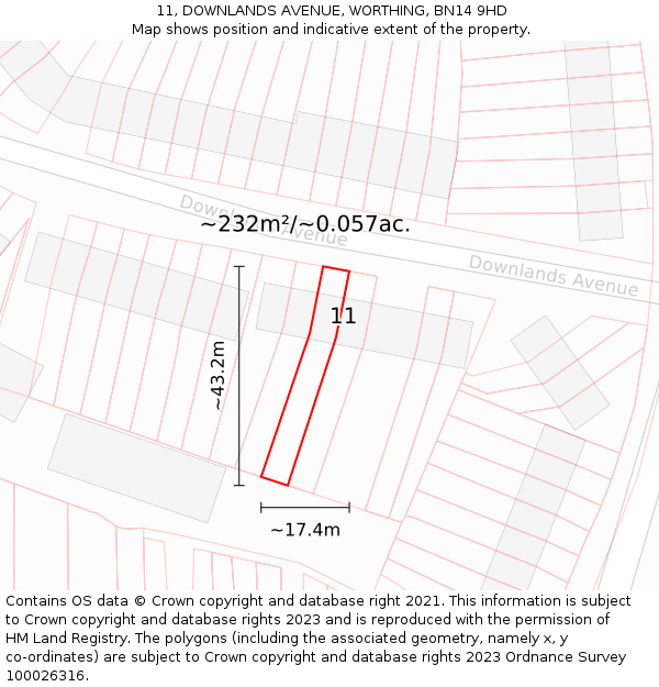 11, DOWNLANDS AVENUE, WORTHING, BN14 9HD: Plot and title map