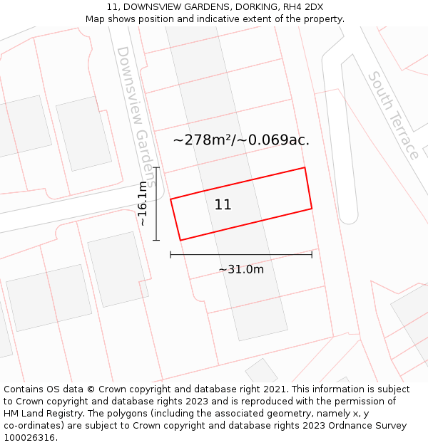 11, DOWNSVIEW GARDENS, DORKING, RH4 2DX: Plot and title map