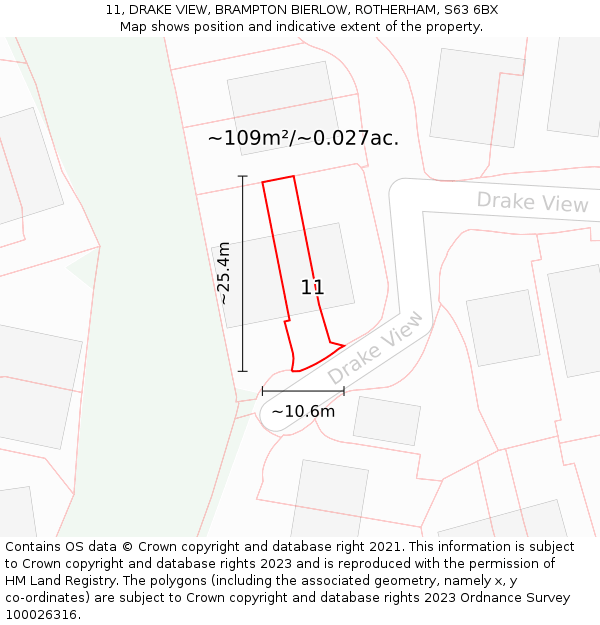 11, DRAKE VIEW, BRAMPTON BIERLOW, ROTHERHAM, S63 6BX: Plot and title map
