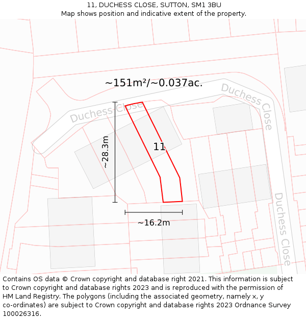 11, DUCHESS CLOSE, SUTTON, SM1 3BU: Plot and title map