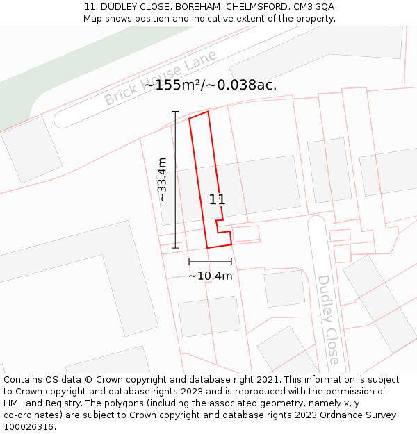 11, DUDLEY CLOSE, BOREHAM, CHELMSFORD, CM3 3QA: Plot and title map
