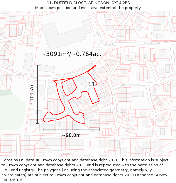 11, DUFFIELD CLOSE, ABINGDON, OX14 2RS: Plot and title map