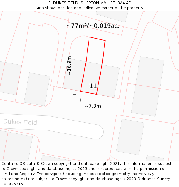 11, DUKES FIELD, SHEPTON MALLET, BA4 4DL: Plot and title map