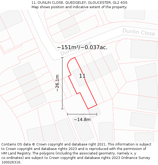 11, DUNLIN CLOSE, QUEDGELEY, GLOUCESTER, GL2 4GS: Plot and title map