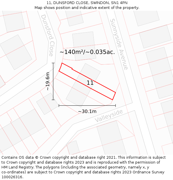 11, DUNSFORD CLOSE, SWINDON, SN1 4PN: Plot and title map