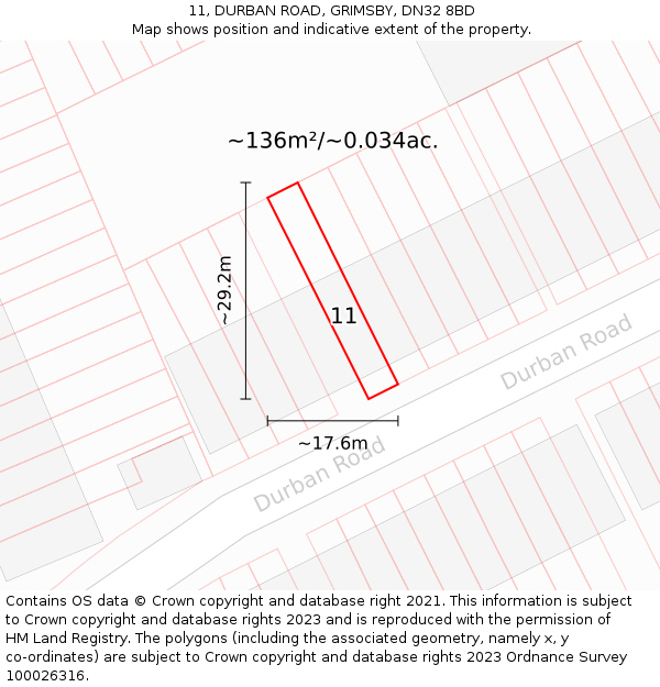 11, DURBAN ROAD, GRIMSBY, DN32 8BD: Plot and title map