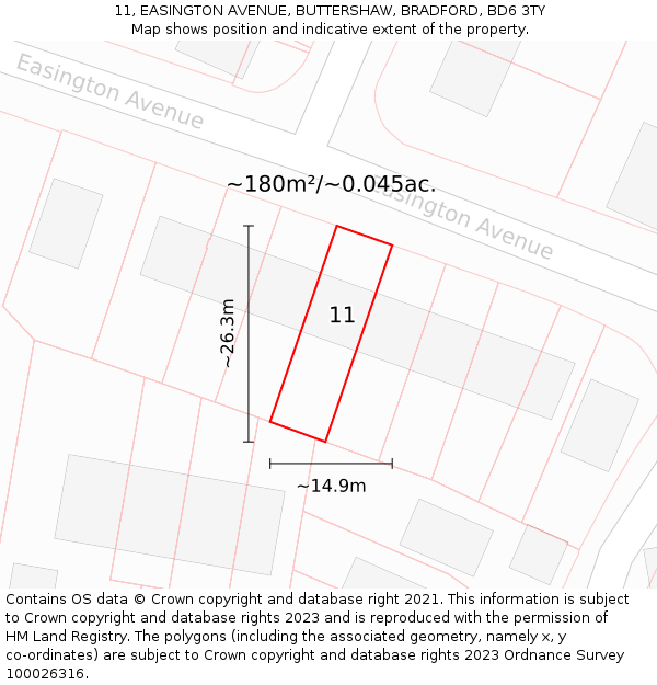 11, EASINGTON AVENUE, BUTTERSHAW, BRADFORD, BD6 3TY: Plot and title map