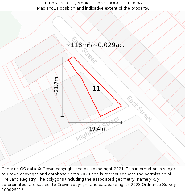 11, EAST STREET, MARKET HARBOROUGH, LE16 9AE: Plot and title map
