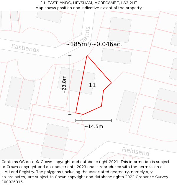 11, EASTLANDS, HEYSHAM, MORECAMBE, LA3 2HT: Plot and title map