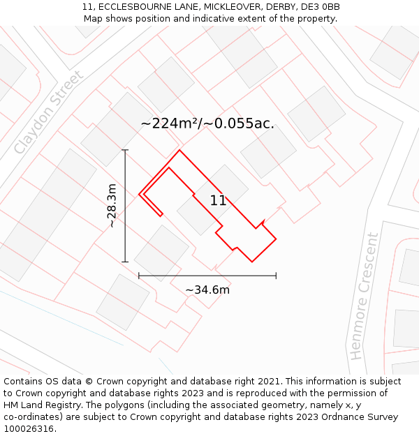 11, ECCLESBOURNE LANE, MICKLEOVER, DERBY, DE3 0BB: Plot and title map
