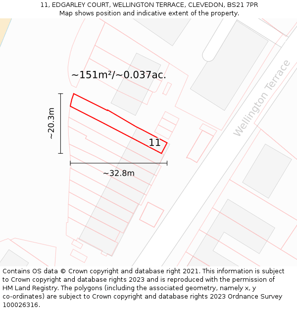 11, EDGARLEY COURT, WELLINGTON TERRACE, CLEVEDON, BS21 7PR: Plot and title map