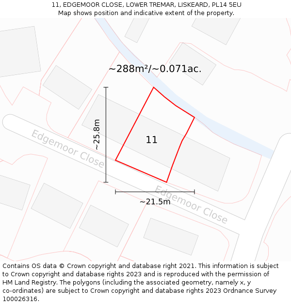 11, EDGEMOOR CLOSE, LOWER TREMAR, LISKEARD, PL14 5EU: Plot and title map
