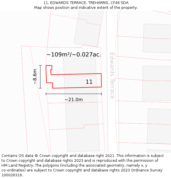 11, EDWARDS TERRACE, TREHARRIS, CF46 5DA: Plot and title map