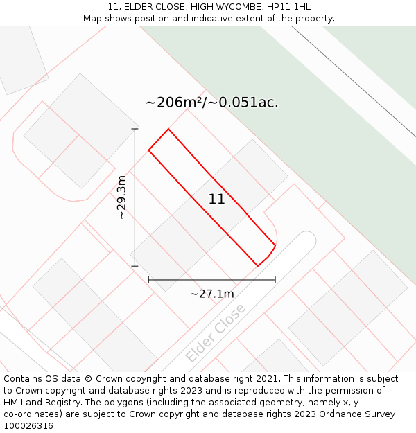 11, ELDER CLOSE, HIGH WYCOMBE, HP11 1HL: Plot and title map
