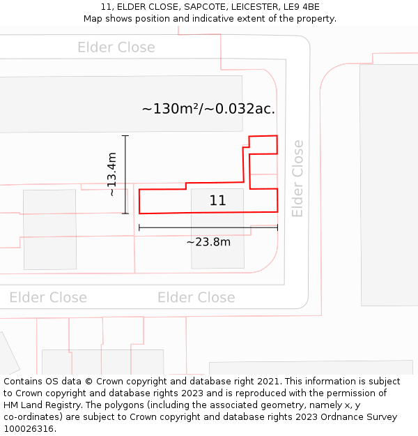 11, ELDER CLOSE, SAPCOTE, LEICESTER, LE9 4BE: Plot and title map