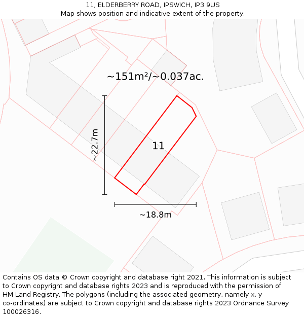 11, ELDERBERRY ROAD, IPSWICH, IP3 9US: Plot and title map