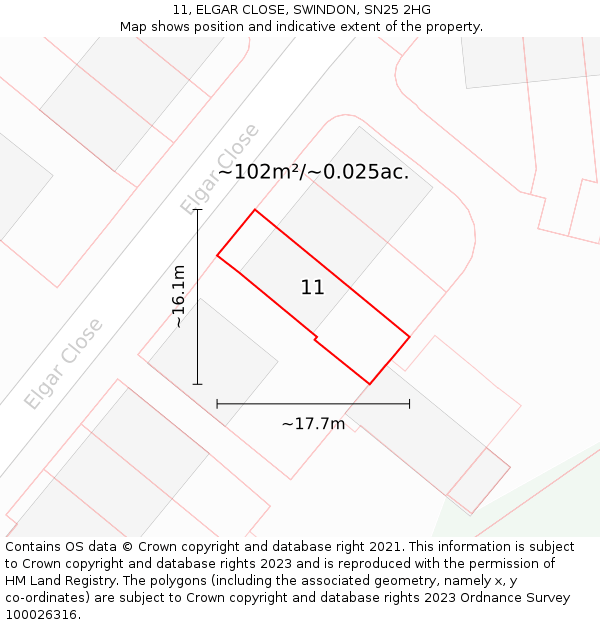 11, ELGAR CLOSE, SWINDON, SN25 2HG: Plot and title map