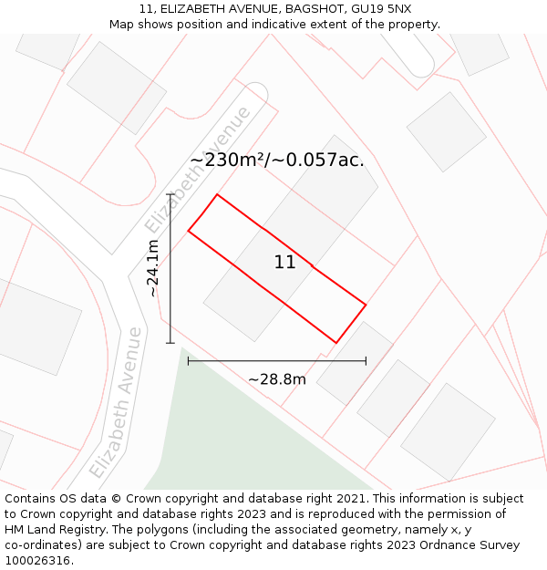 11, ELIZABETH AVENUE, BAGSHOT, GU19 5NX: Plot and title map