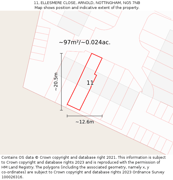 11, ELLESMERE CLOSE, ARNOLD, NOTTINGHAM, NG5 7NB: Plot and title map