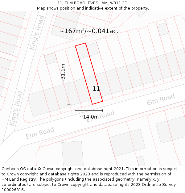 11, ELM ROAD, EVESHAM, WR11 3DJ: Plot and title map