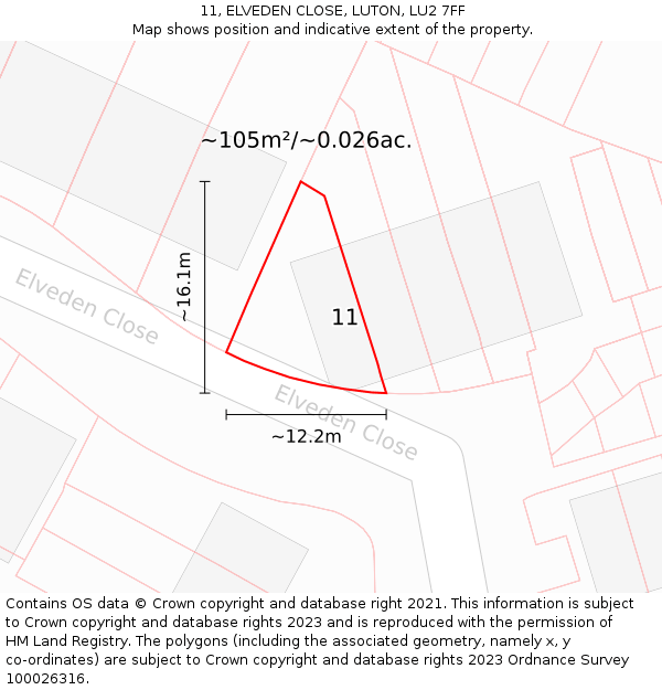 11, ELVEDEN CLOSE, LUTON, LU2 7FF: Plot and title map