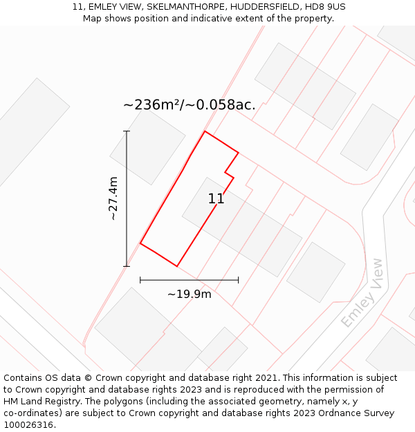 11, EMLEY VIEW, SKELMANTHORPE, HUDDERSFIELD, HD8 9US: Plot and title map