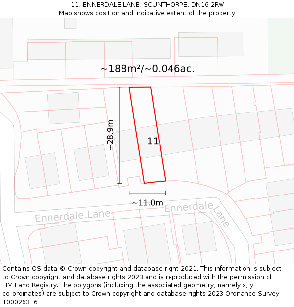 11, ENNERDALE LANE, SCUNTHORPE, DN16 2RW: Plot and title map