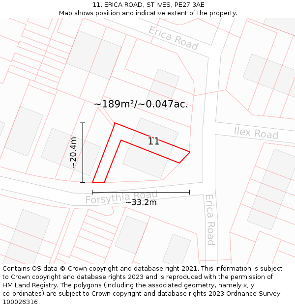 11, ERICA ROAD, ST IVES, PE27 3AE: Plot and title map