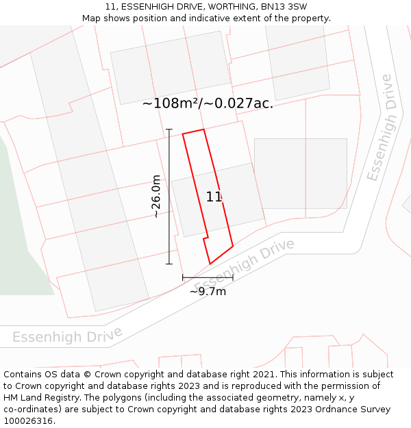 11, ESSENHIGH DRIVE, WORTHING, BN13 3SW: Plot and title map