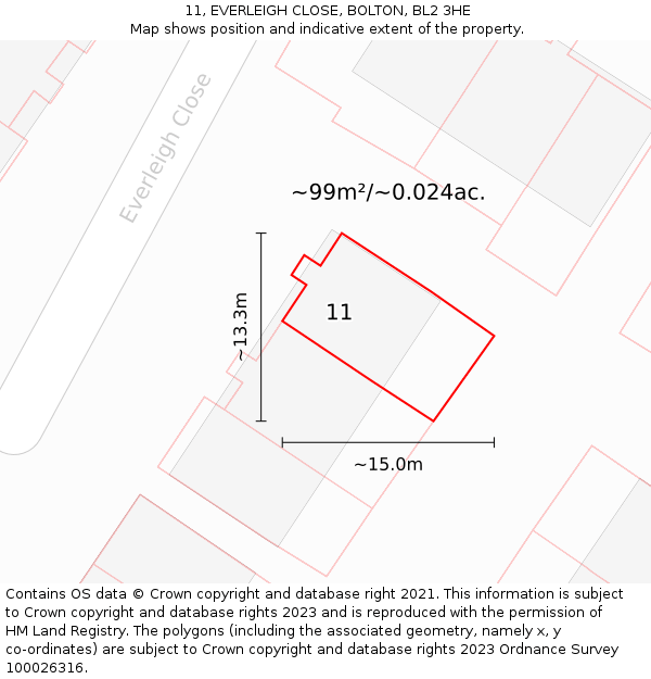 11, EVERLEIGH CLOSE, BOLTON, BL2 3HE: Plot and title map