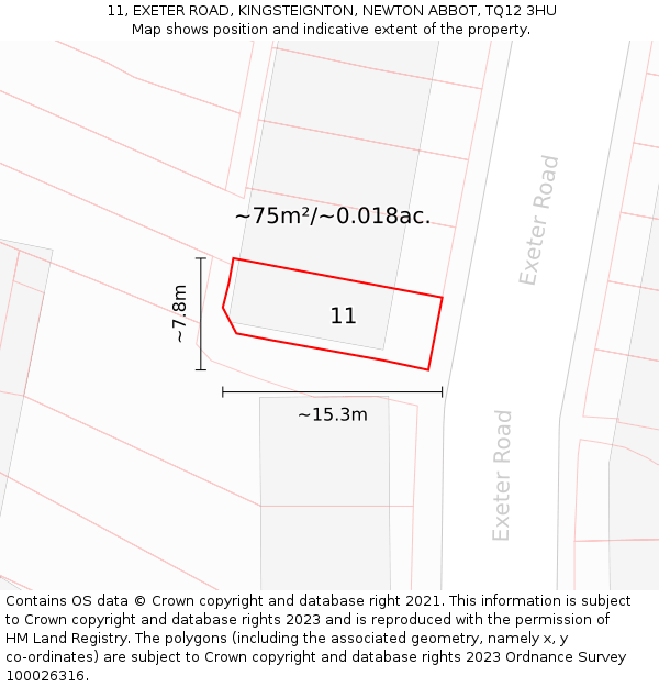 11, EXETER ROAD, KINGSTEIGNTON, NEWTON ABBOT, TQ12 3HU: Plot and title map