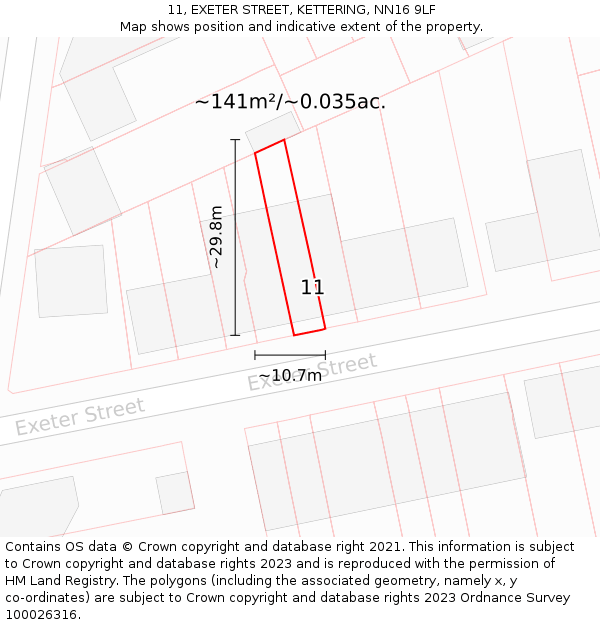 11, EXETER STREET, KETTERING, NN16 9LF: Plot and title map