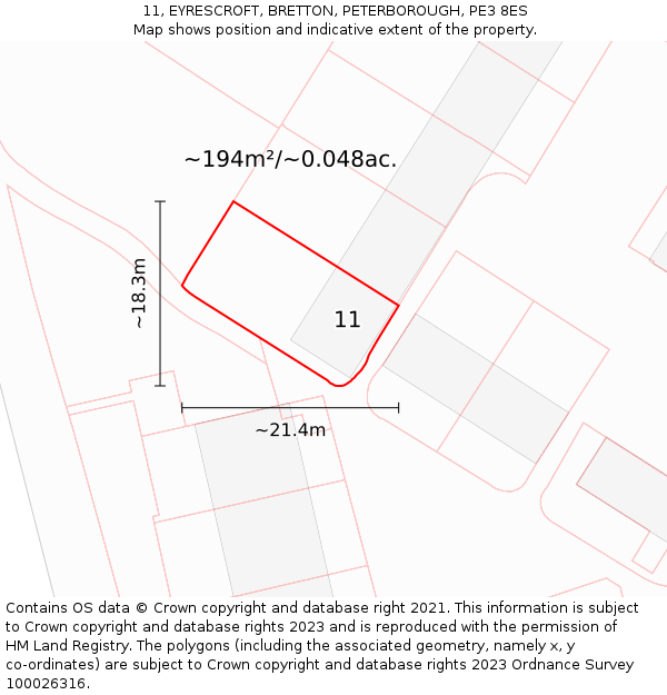 11, EYRESCROFT, BRETTON, PETERBOROUGH, PE3 8ES: Plot and title map