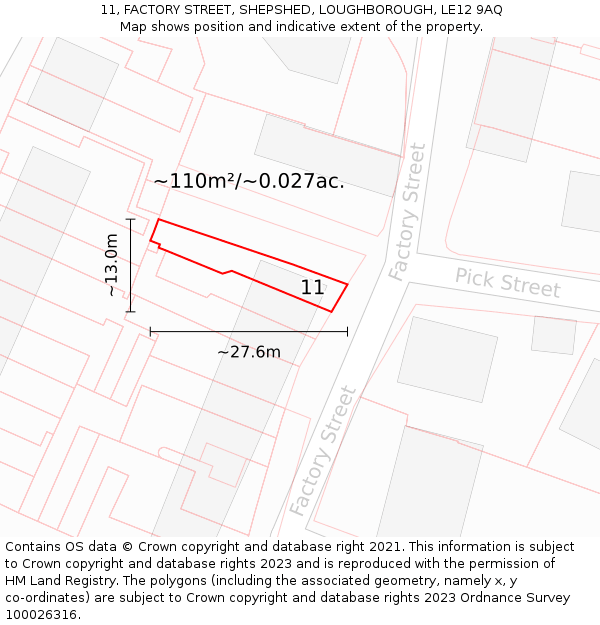 11, FACTORY STREET, SHEPSHED, LOUGHBOROUGH, LE12 9AQ: Plot and title map